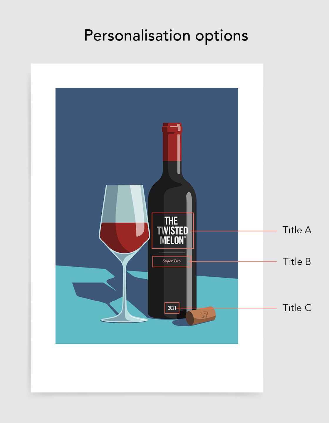 A beautifully designed personalised bottle of red wine with custom labels.