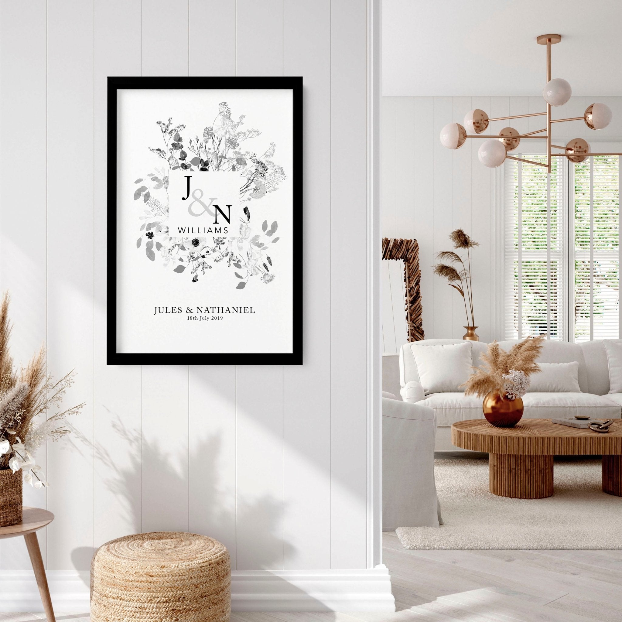 Personalised wedding anniversary wall art print featuring a botanical monogram design in neutral grey, customised with names and anniversary details.