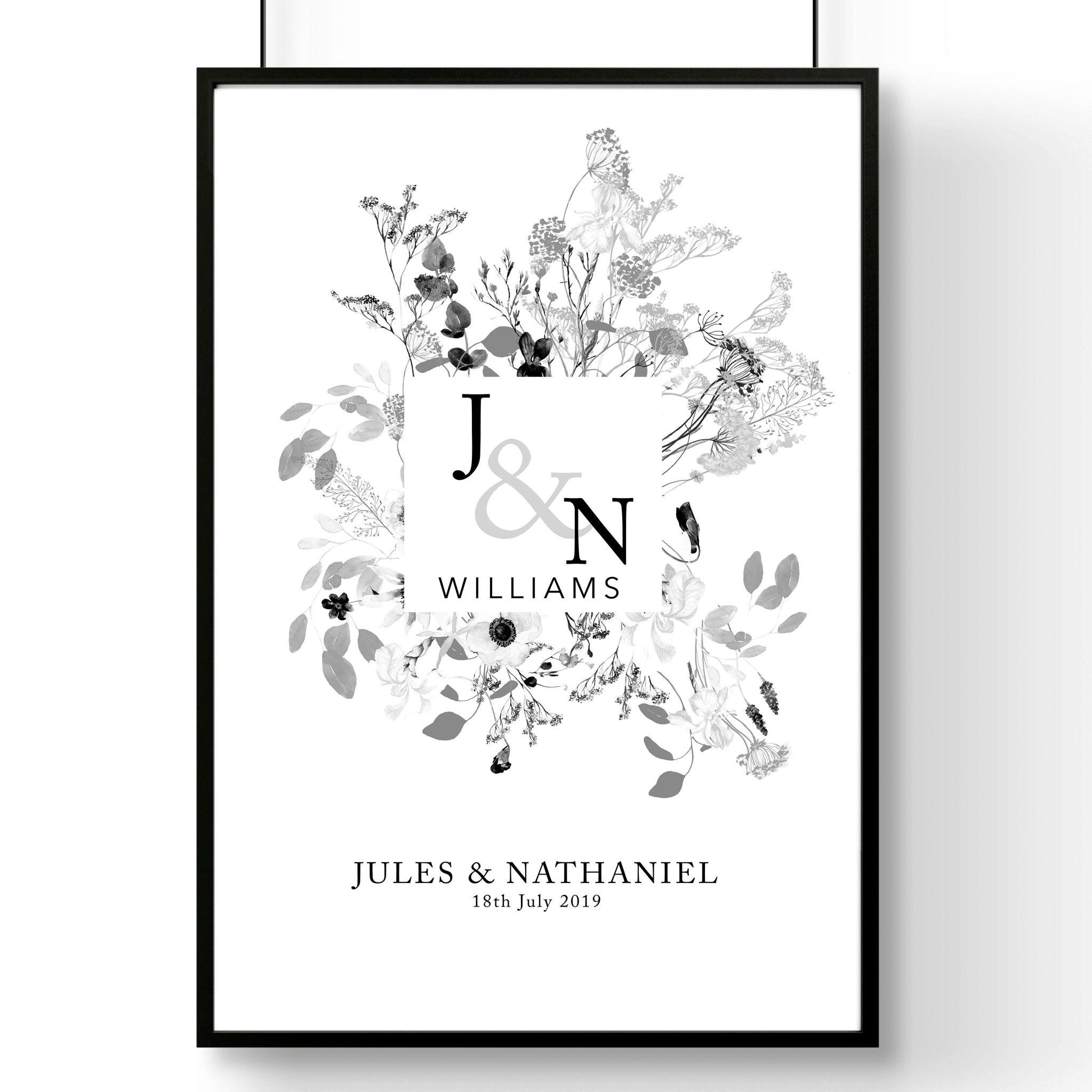 Personalised wedding anniversary wall art print featuring a botanical monogram design in neutral grey, customised with names and anniversary details.