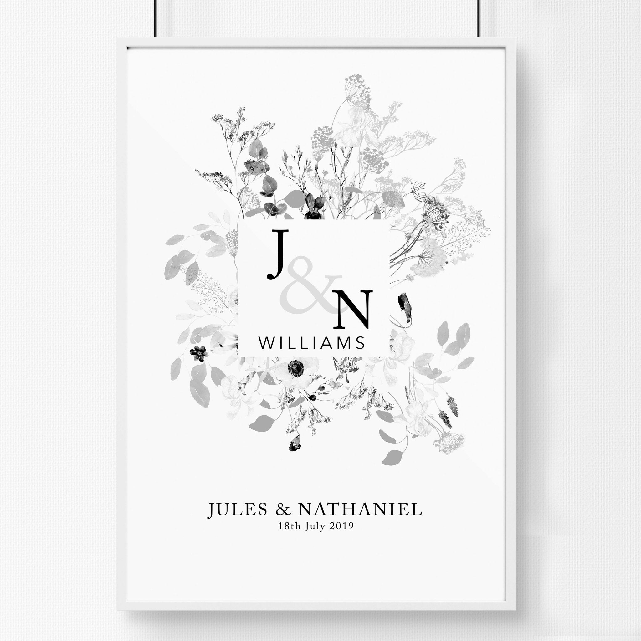 Personalised wedding anniversary wall art print featuring a botanical monogram design in neutral grey, customised with names and anniversary details.