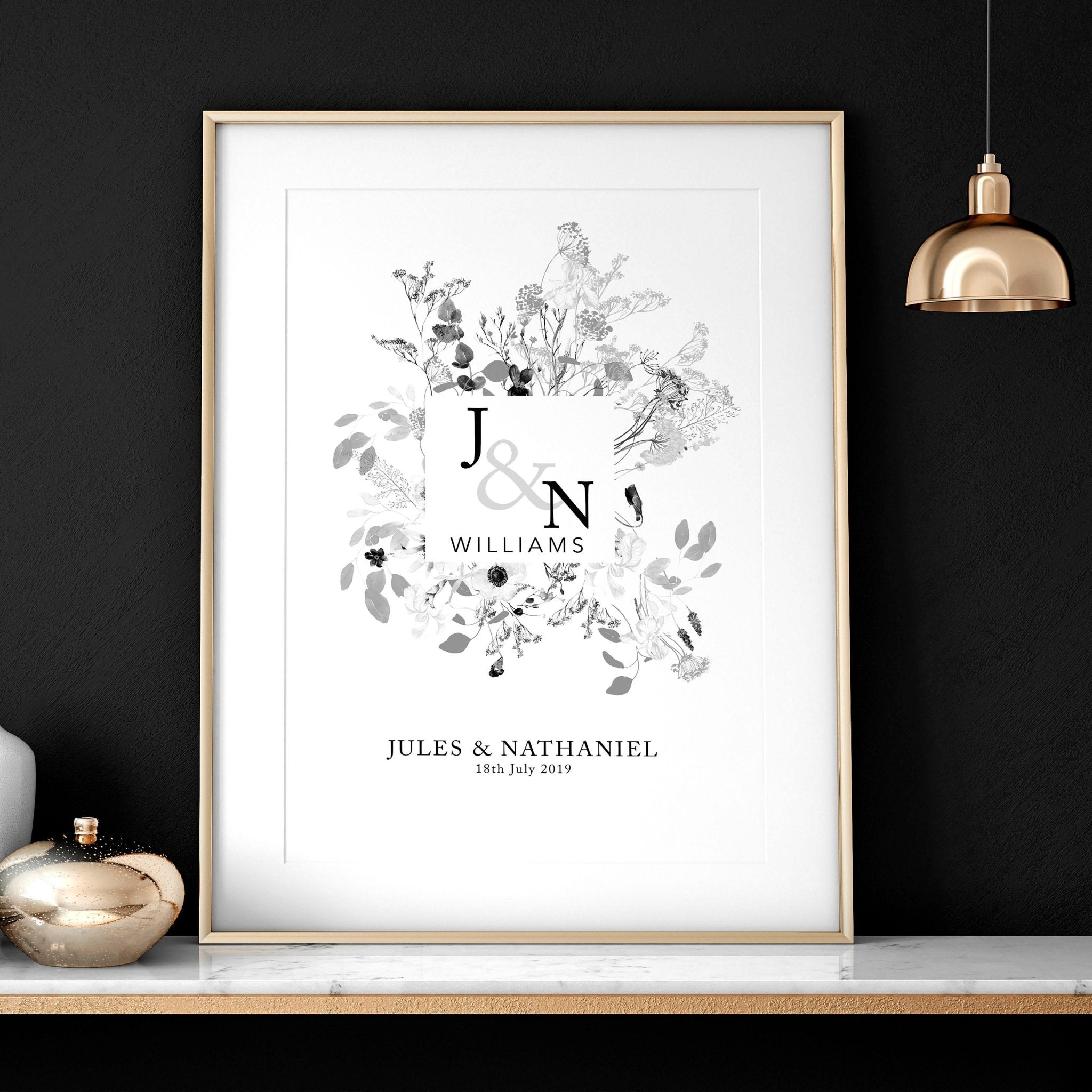 Personalised wedding anniversary wall art print featuring a botanical monogram design in neutral grey, customised with names and anniversary details.