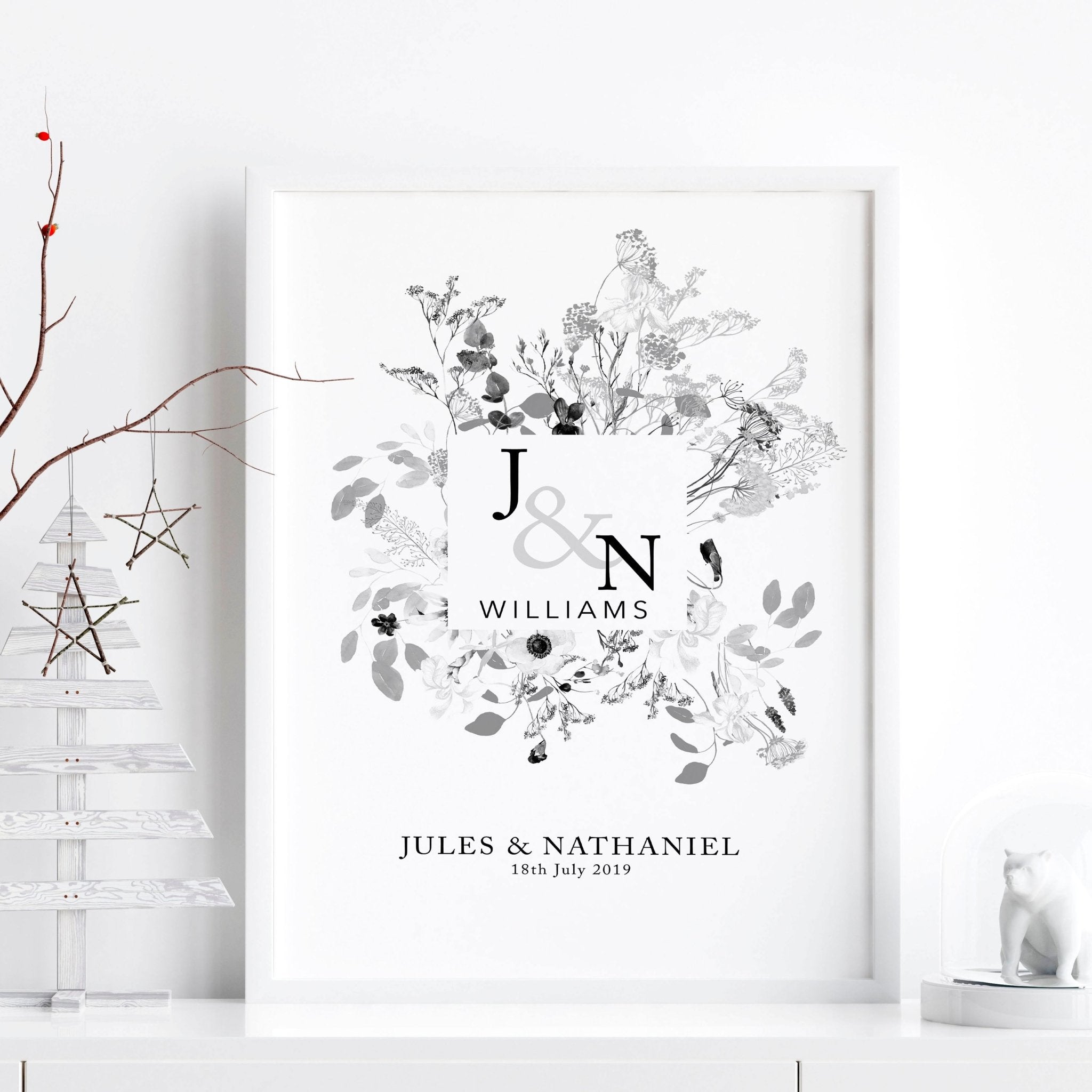 Personalised wedding anniversary wall art print featuring a botanical monogram design in neutral grey, customised with names and anniversary details.