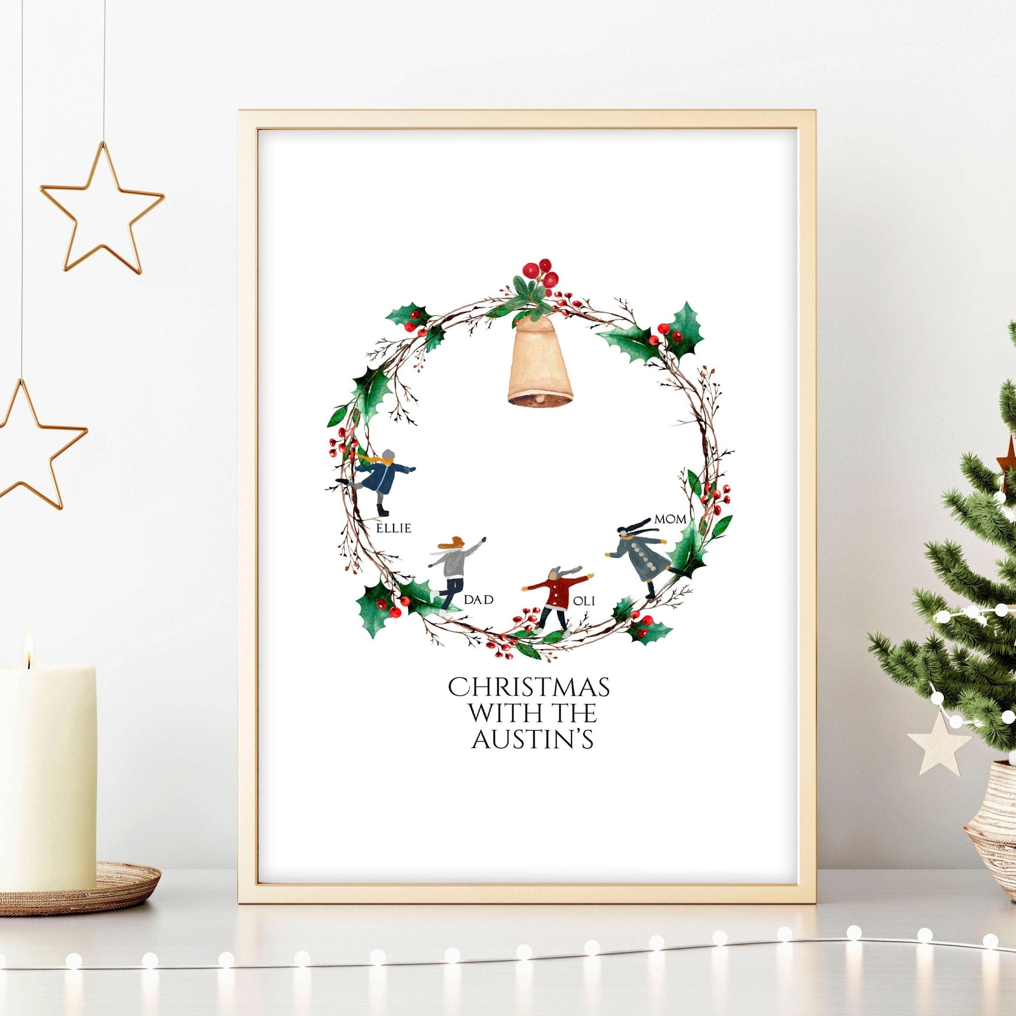 Personalized Christmas wall art print featuring a vibrant wreath with family names and a golden bell, perfect for festive decor.