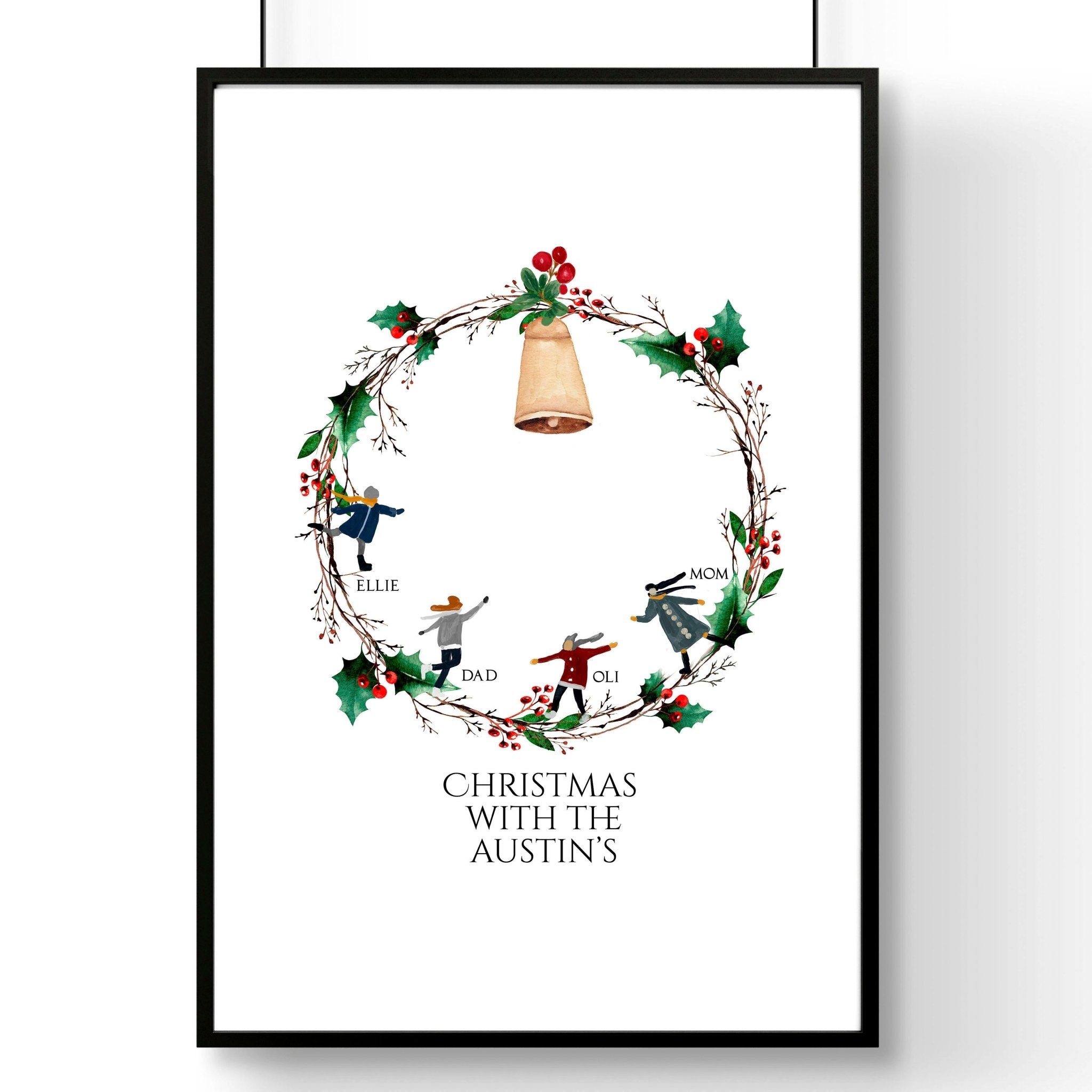 Personalized Christmas wall art print featuring a vibrant wreath with family names and a golden bell, perfect for festive decor.