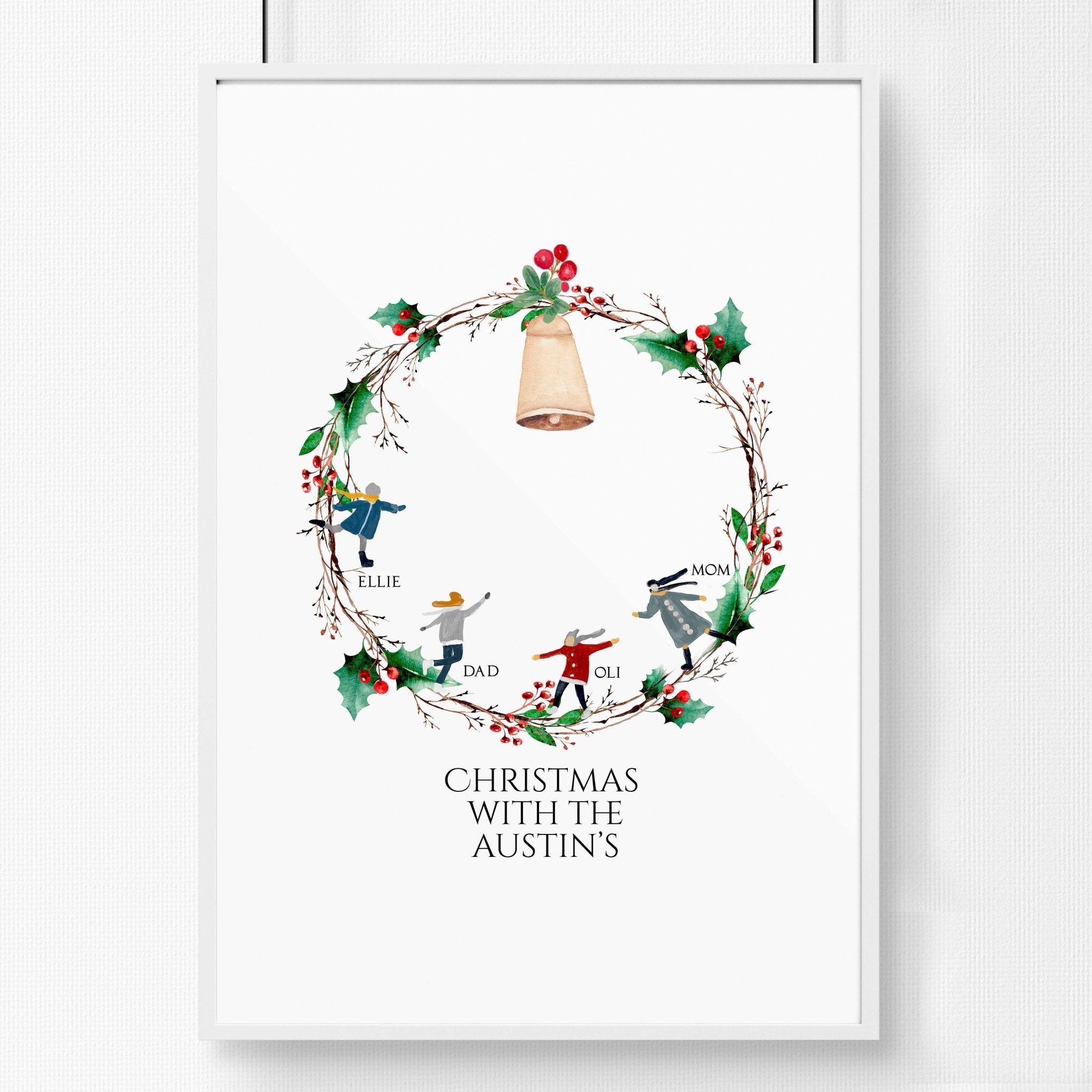 Personalized Christmas wall art print featuring a vibrant wreath with family names and a golden bell, perfect for festive decor.