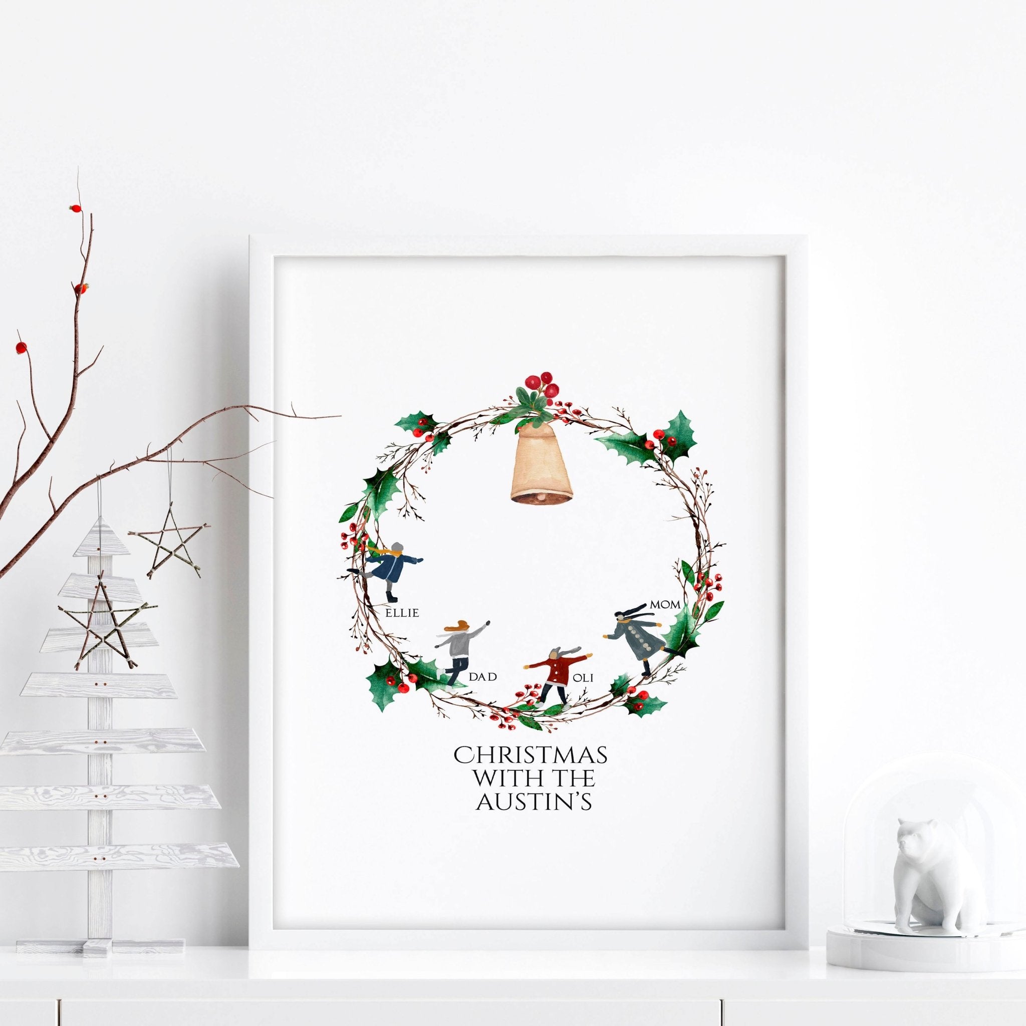 Personalized Christmas wall art print featuring a vibrant wreath with family names and a golden bell, perfect for festive decor.