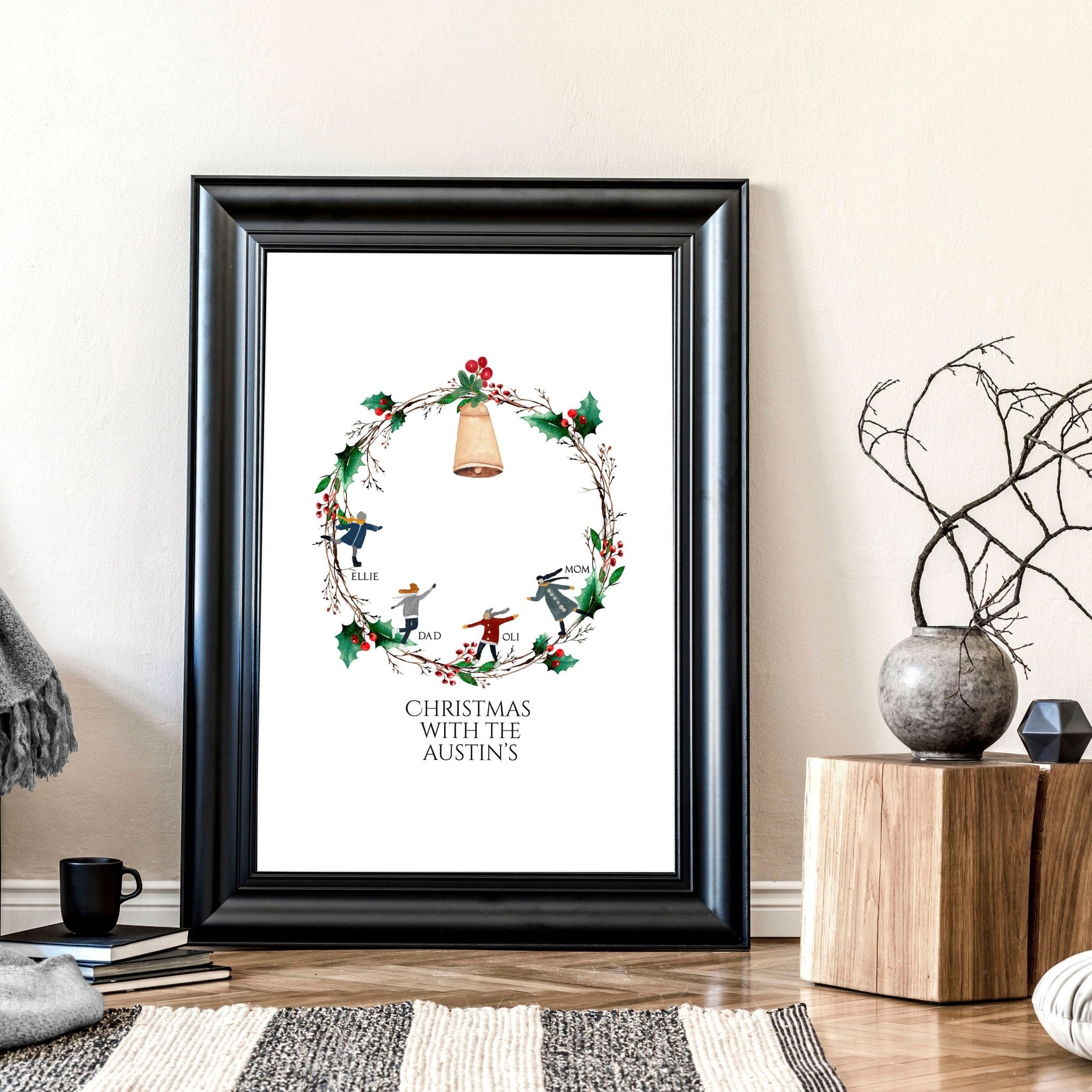 Personalized Christmas wall art print featuring a vibrant wreath with family names and a golden bell, perfect for festive decor.