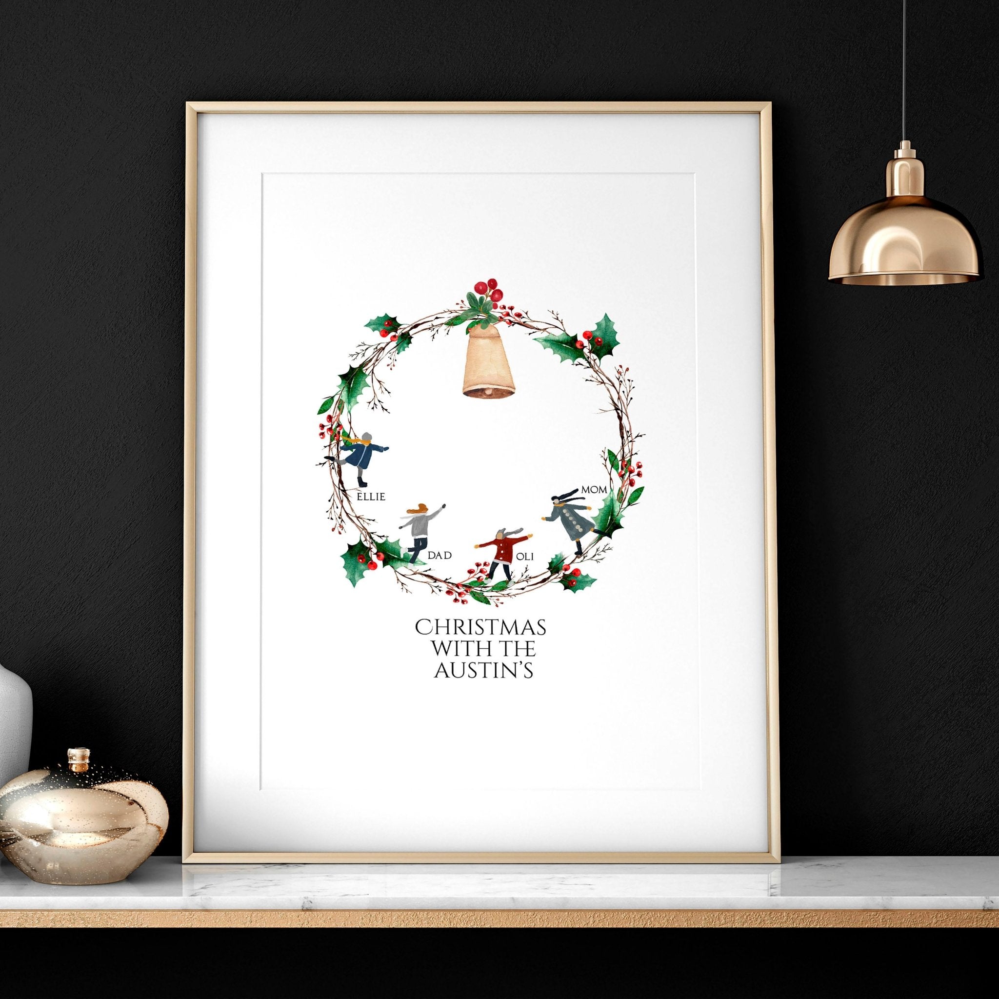 Personalized Christmas wall art print featuring a vibrant wreath with family names and a golden bell, perfect for festive decor.