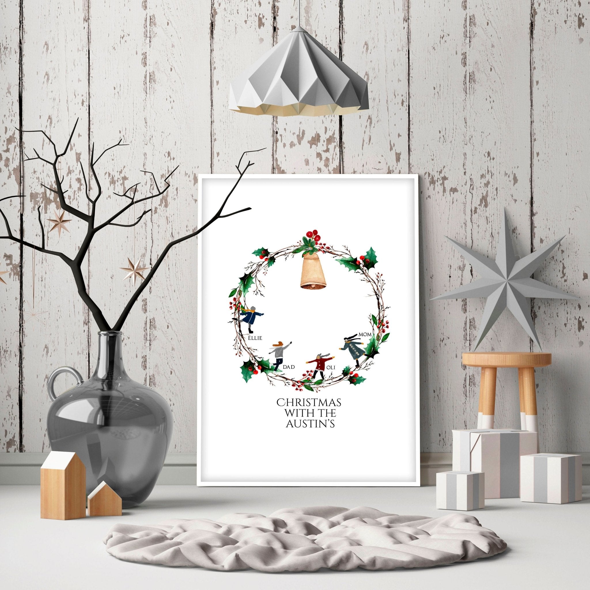 Personalized Christmas wall art print featuring a vibrant wreath with family names and a golden bell, perfect for festive decor.