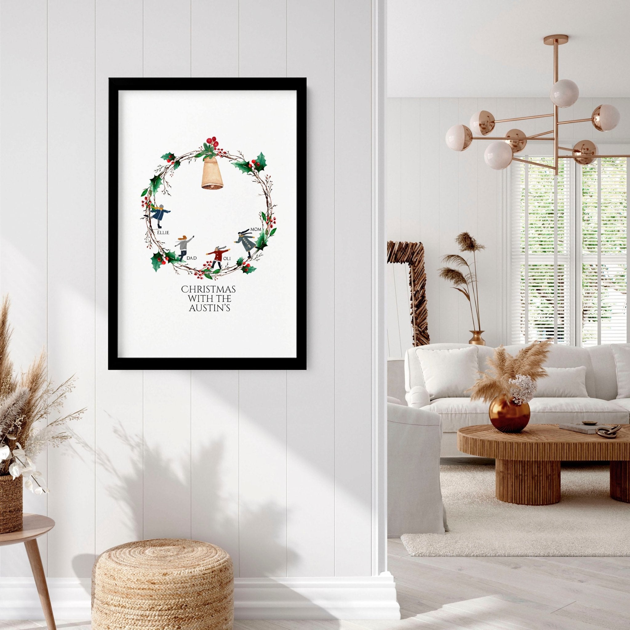 Personalized Christmas wall art print featuring a vibrant wreath with family names and a golden bell, perfect for festive decor.