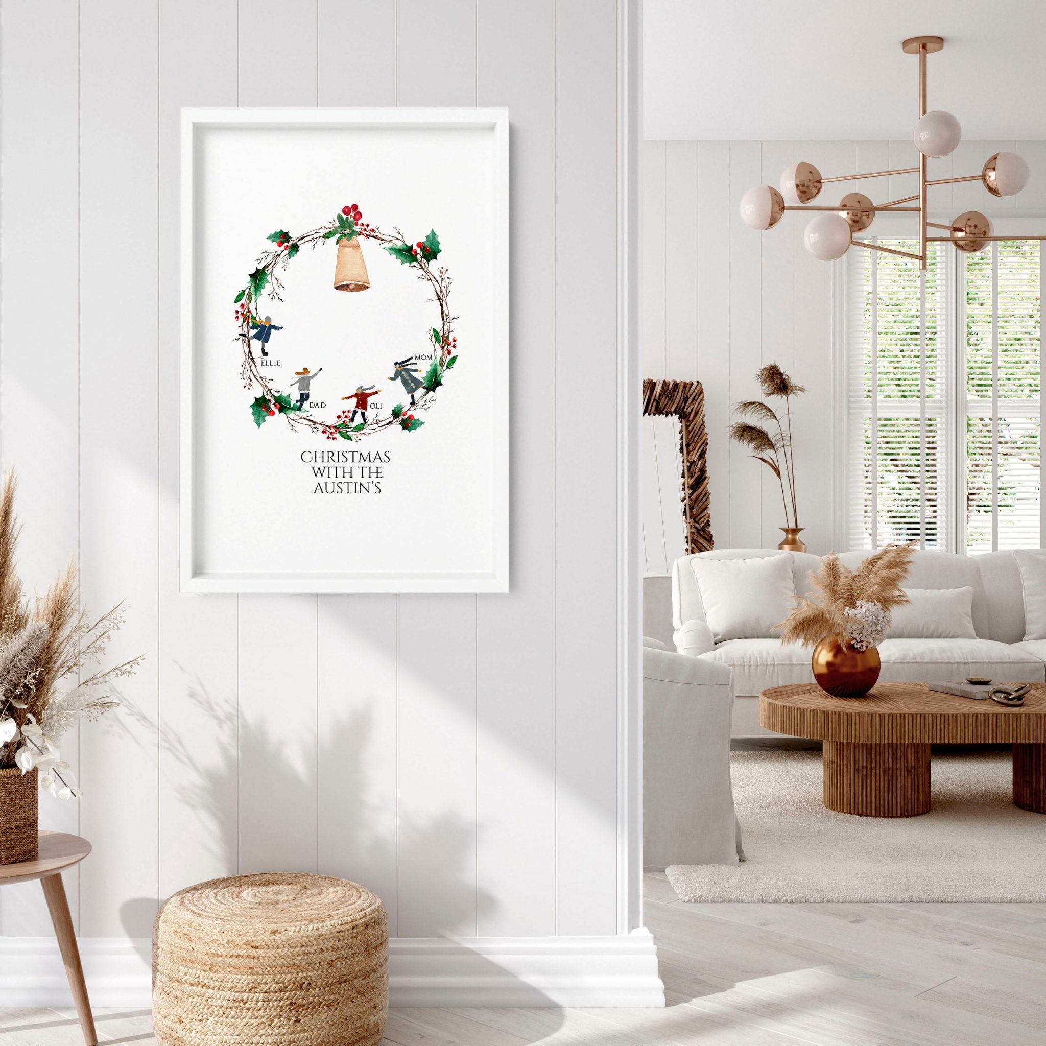 Personalized Christmas wall art print featuring a vibrant wreath with family names and a golden bell, perfect for festive decor.