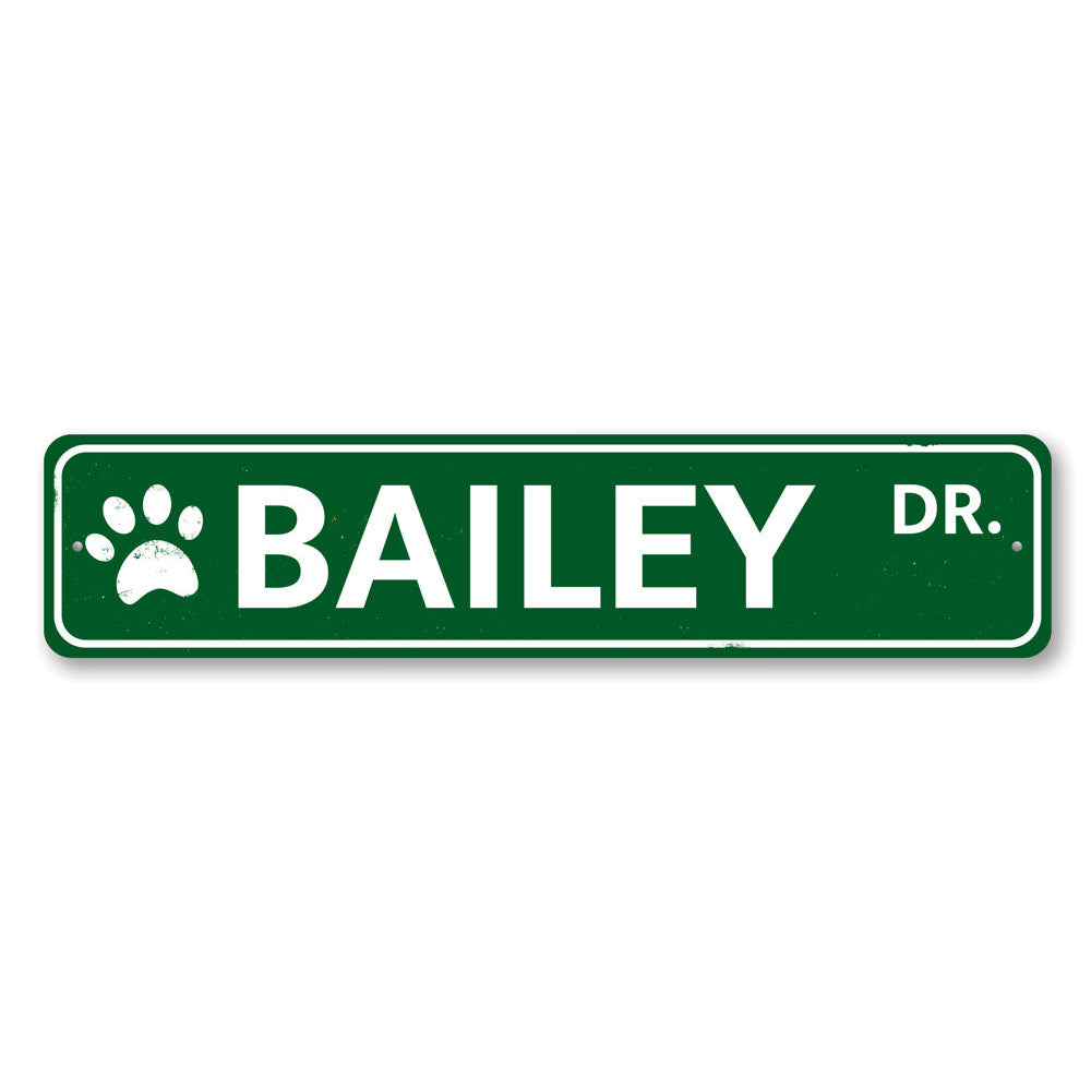 Customizable Pet Name Street Sign made of high-quality aluminum, featuring pre-drilled holes for easy mounting.