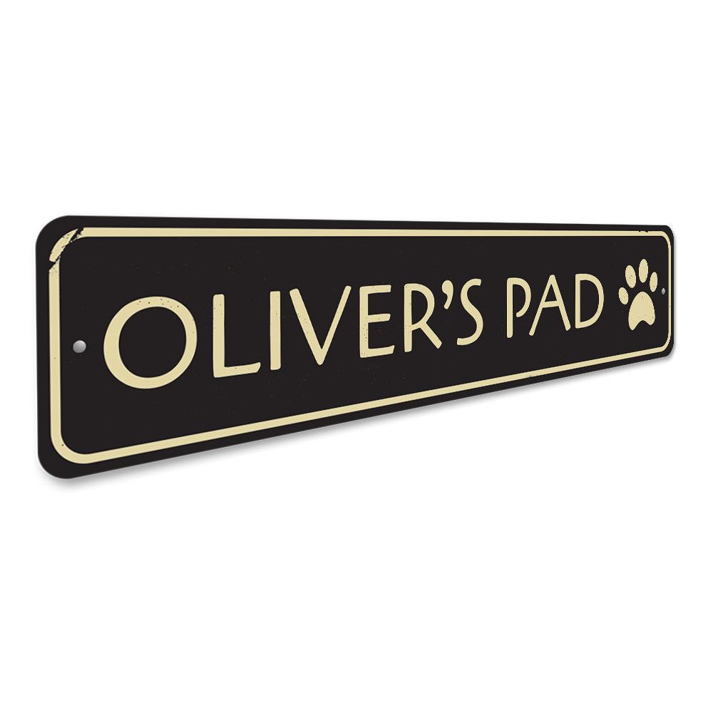 A customizable Pet Pad Sign made of high-quality aluminum, featuring pre-drilled holes for easy mounting, showcasing a unique design.