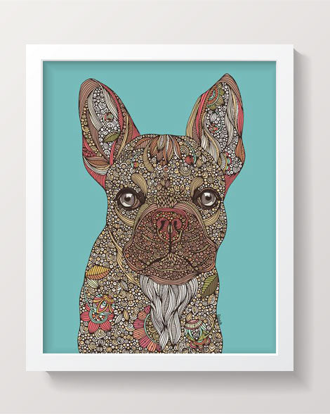 Art print of Pete the French Bulldog on photographic paper, showcasing vibrant colors and playful design.