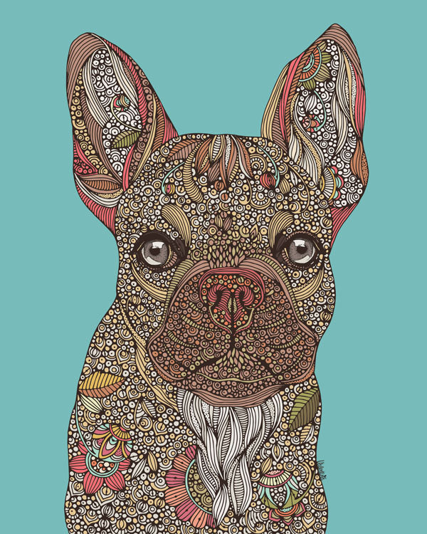 Art print of Pete the French Bulldog on photographic paper, showcasing vibrant colors and playful design.