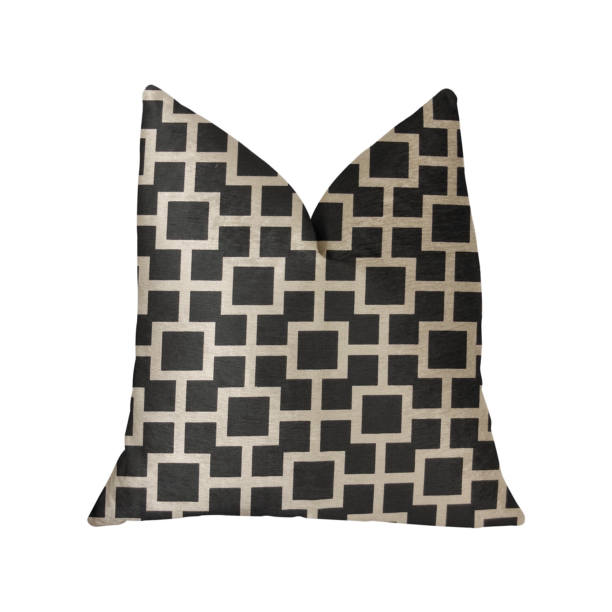 Petunia Black and White Luxury Throw Pillow featuring a geometric pattern, handmade in the USA with a soft cotton fabric.