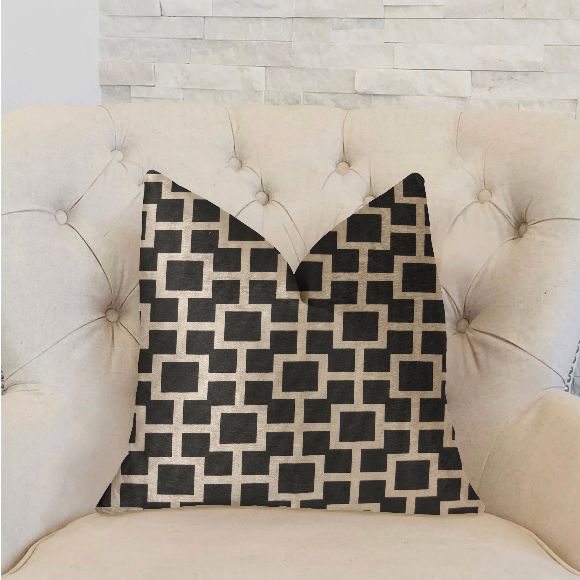 Petunia Black and White Luxury Throw Pillow featuring a geometric pattern, handmade in the USA with a soft cotton fabric.