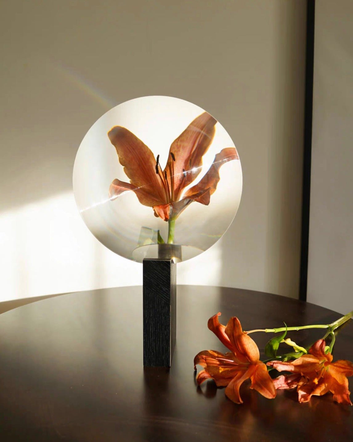 A modern decorative Phantom Vase showcasing a unique floating flower illusion, crafted from acrylic and metal, elegantly displayed with flowers.