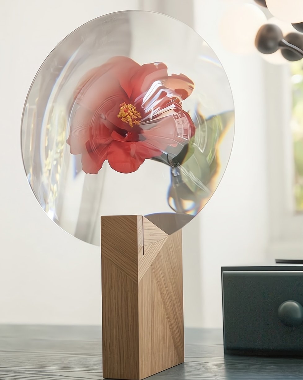 A modern decorative Phantom Vase showcasing a unique floating flower illusion, crafted from acrylic and metal, elegantly displayed with flowers.