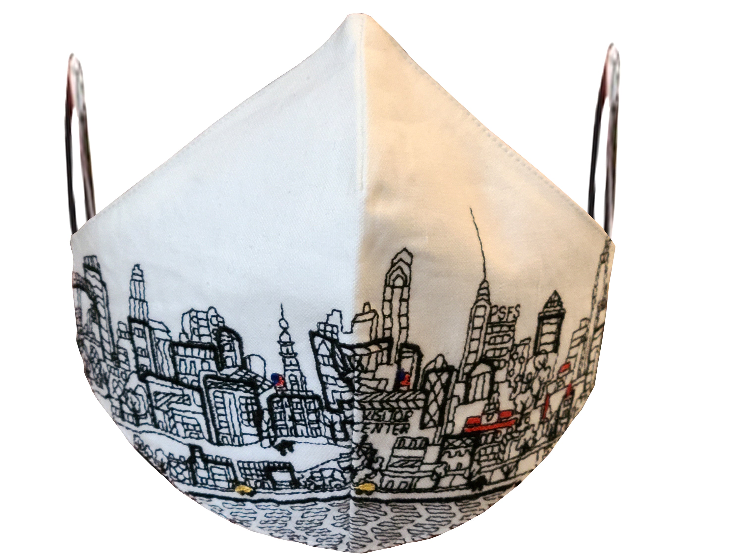 PHILADELPHIA EMBROIDERED SKYLINE FACE MASK featuring a detailed skyline design on a linen/cotton fabric with soft cotton lining.