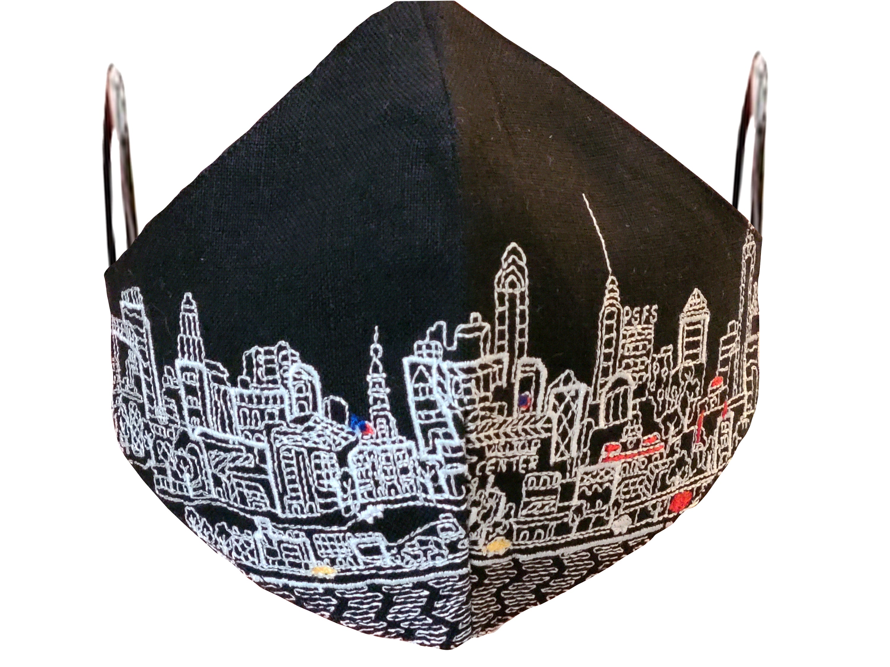 PHILADELPHIA EMBROIDERED SKYLINE FACE MASK featuring a detailed skyline design on a linen/cotton fabric with soft cotton lining.