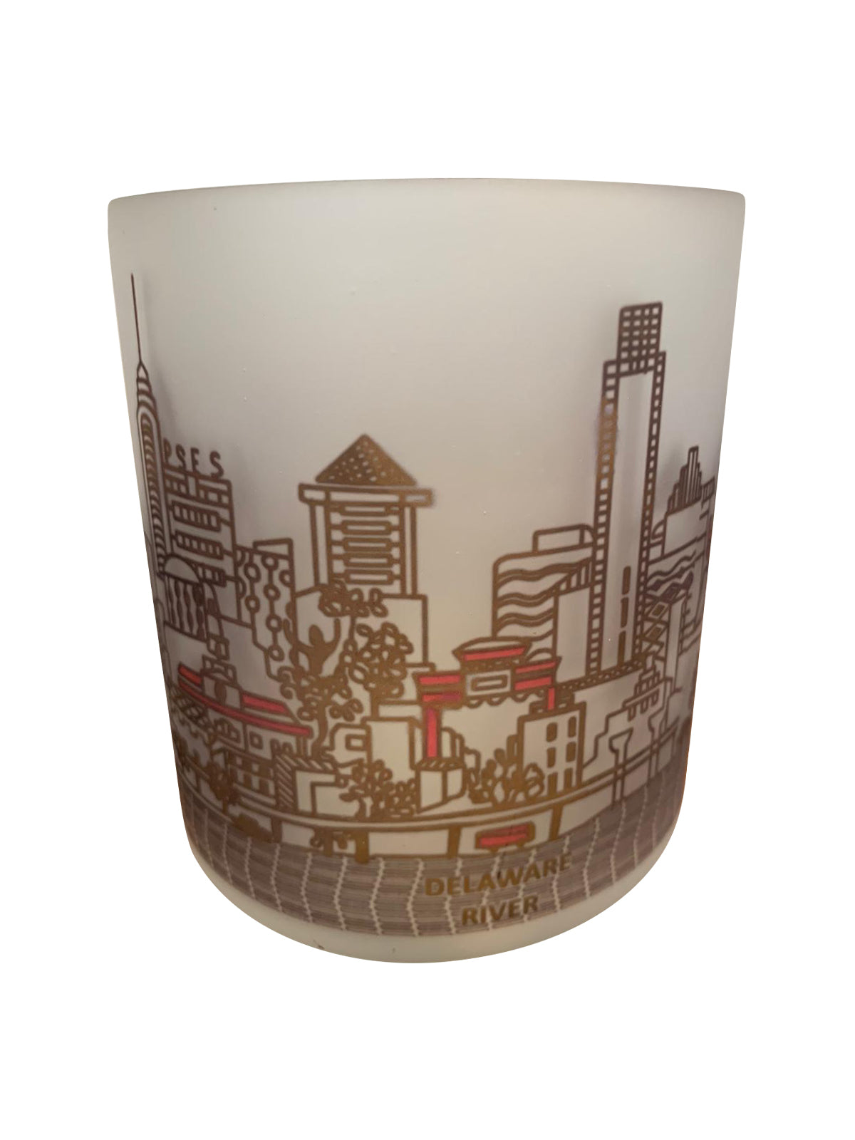 Philadelphia Skyline Glass Votive featuring a detailed skyline design, perfect for tealights or as a decorative piece.