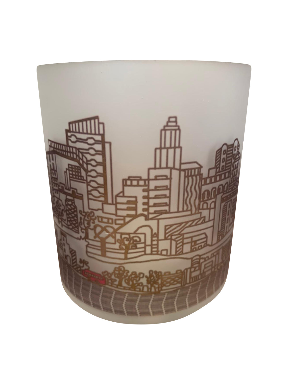 Philadelphia Skyline Glass Votive featuring a detailed skyline design, perfect for tealights or as a decorative piece.