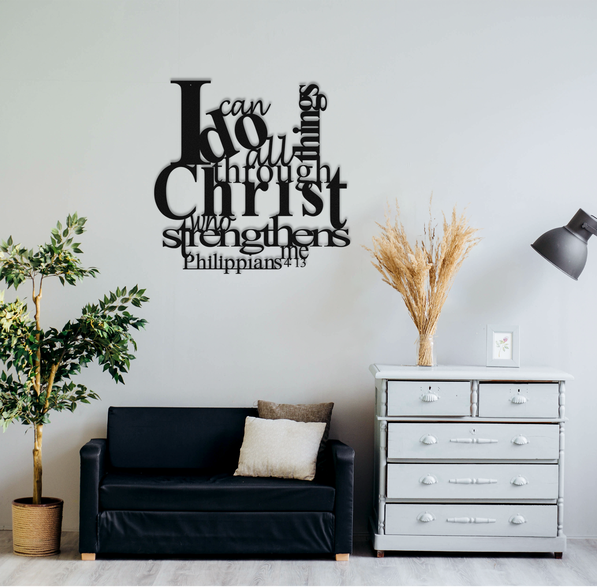 Philippians 4:13 metal wall art featuring the inspirational Bible verse, crafted from high-quality steel with a powder-coated finish.