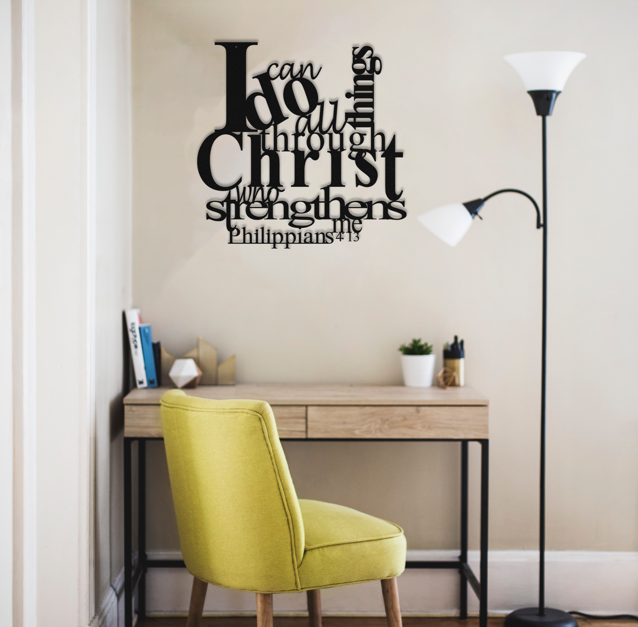 Philippians 4:13 metal wall art featuring the inspirational Bible verse, crafted from high-quality steel with a powder-coated finish.