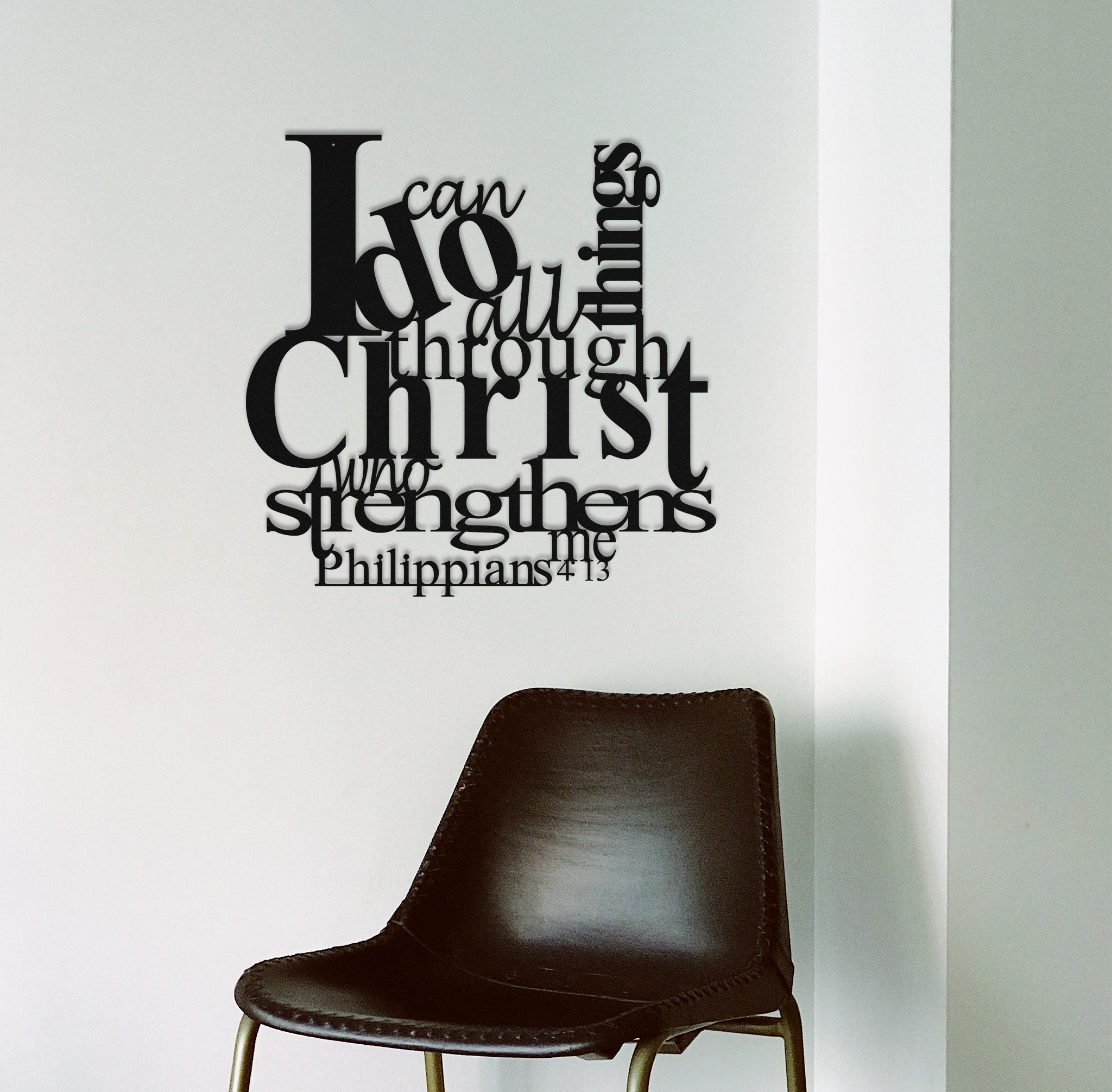 Philippians 4:13 metal wall art featuring the inspirational Bible verse, crafted from high-quality steel with a powder-coated finish.