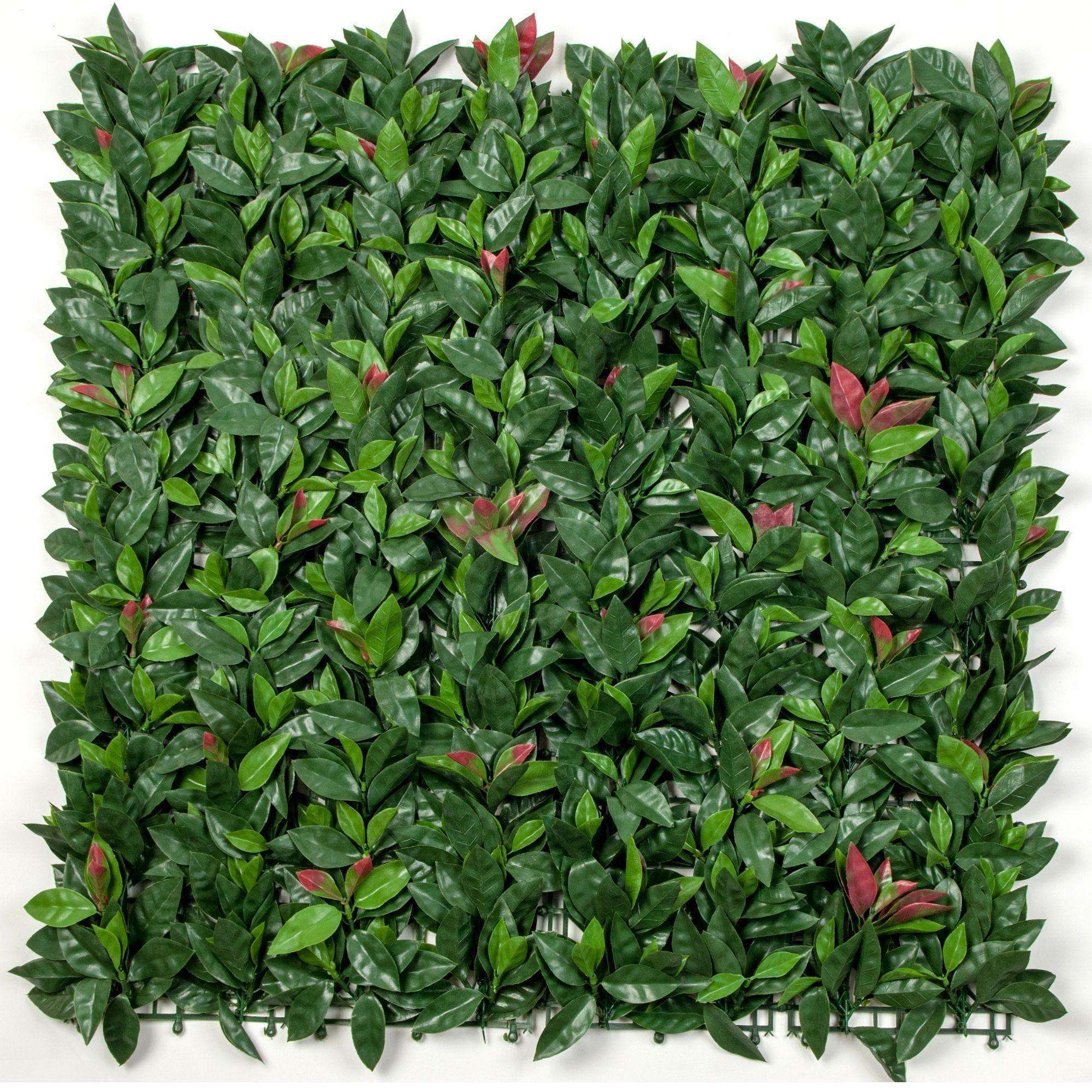 Photinia Artificial Hedge Panel showcasing vibrant red and green foliage, perfect for enhancing outdoor spaces.