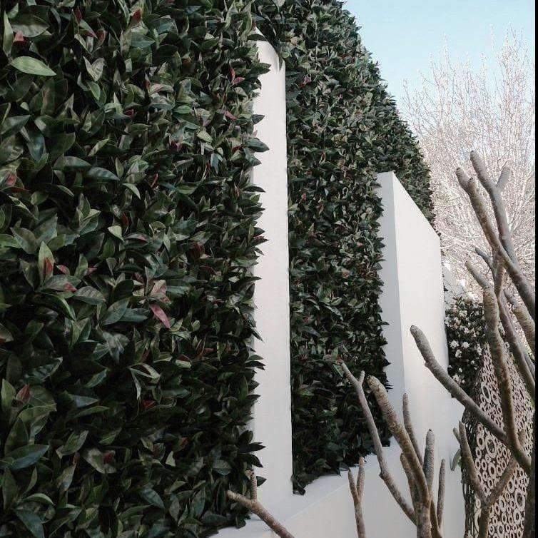 Photinia Artificial Hedge Panel showcasing vibrant red and green foliage, perfect for enhancing outdoor spaces.