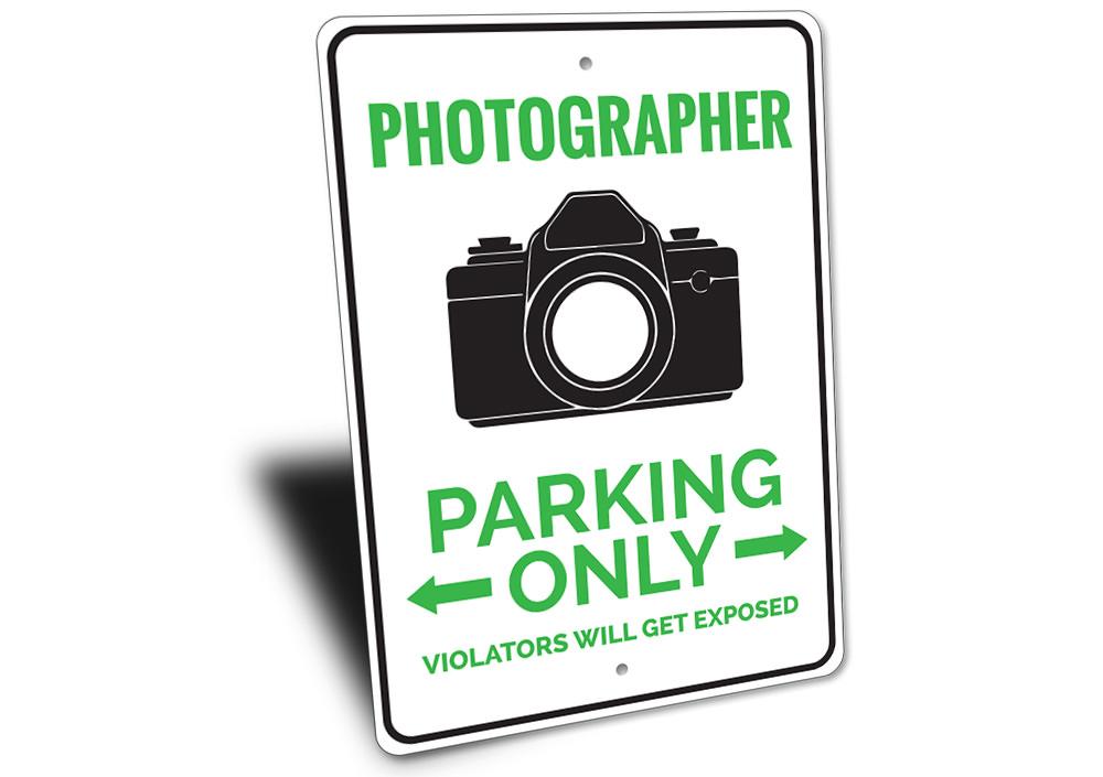 A customizable Photographer Parking Sign made from high-quality aluminum, featuring pre-drilled holes for easy mounting.