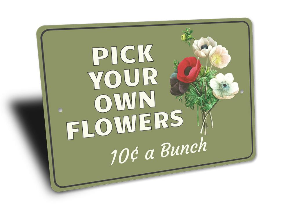 A beautifully crafted Pick Flowers Sign made of high-quality aluminum, featuring vibrant floral designs, perfect for home decor.