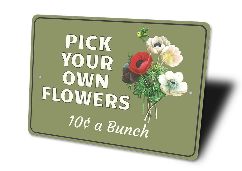 A beautifully crafted Pick Flowers Sign made of high-quality aluminum, featuring vibrant floral designs, perfect for home decor.