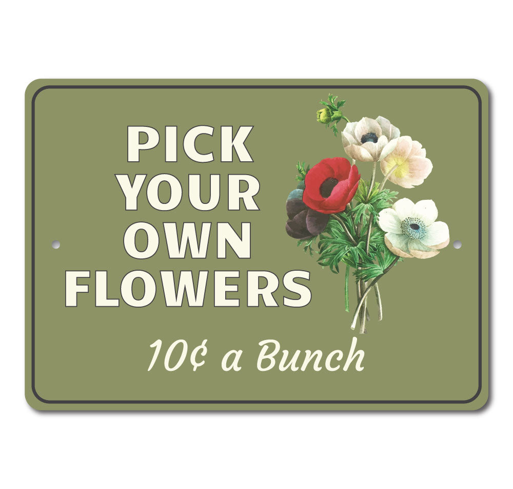 A beautifully crafted Pick Flowers Sign made of high-quality aluminum, featuring vibrant floral designs, perfect for home decor.