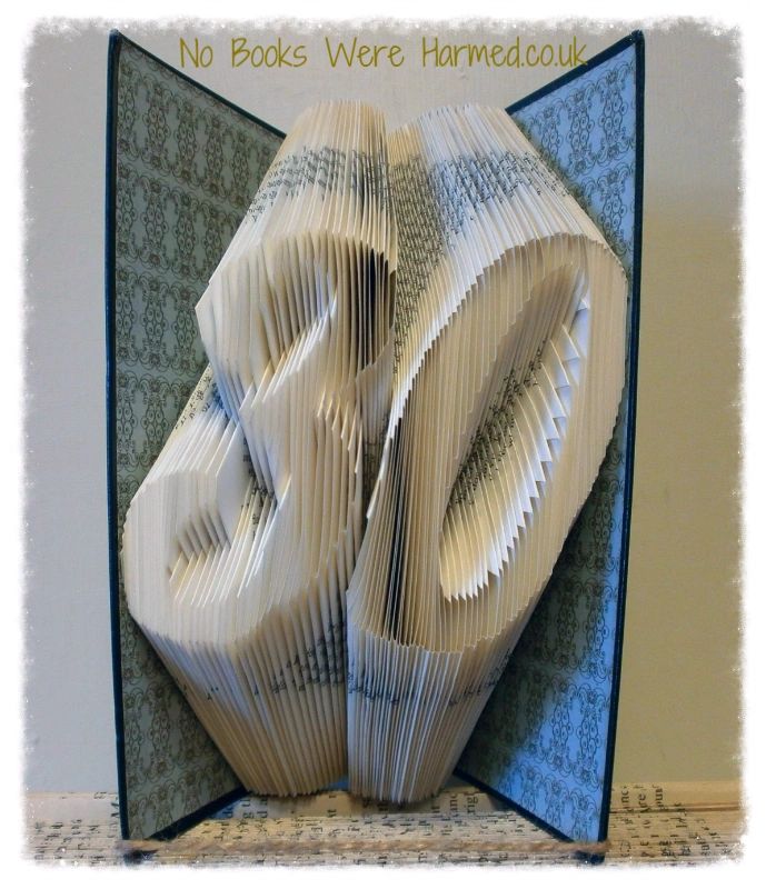 Handcrafted book art featuring a customizable two-digit number, made from vintage pages with intricate folds.