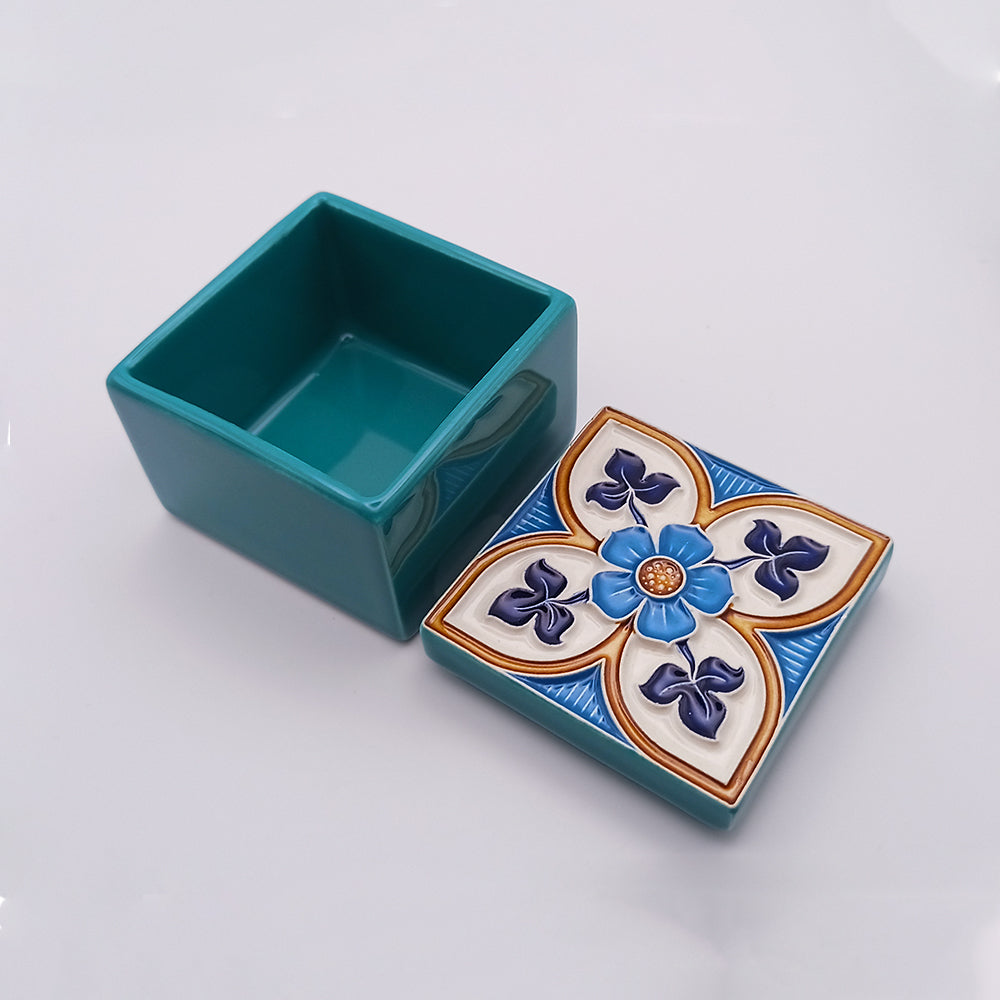 A beautifully hand-painted Pico Islands Ceramic Box showcasing intricate designs and vibrant colors, perfect for home decor.