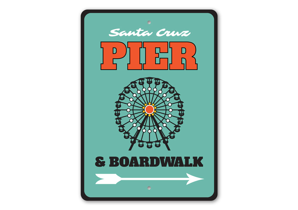 A decorative Pier and Boardwalk Sign made of high-quality aluminum, featuring coastal-themed designs, perfect for beach houses and outdoor decor.