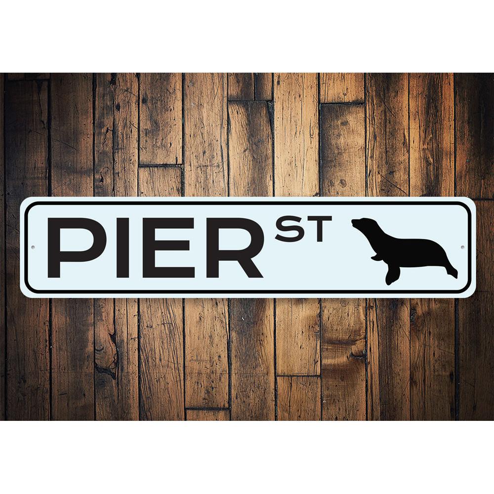 Customizable Pier Street Sign made of high-quality aluminum, featuring pre-drilled holes for easy mounting, perfect for home decor.