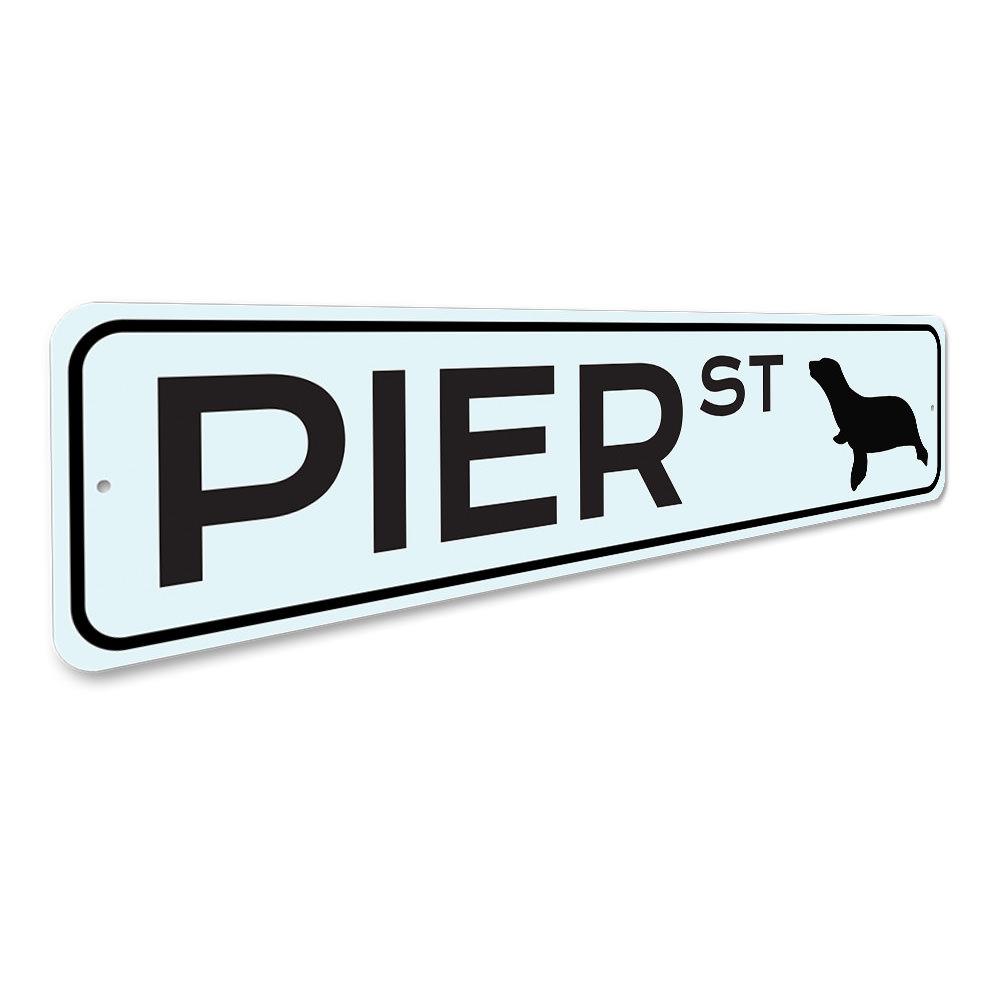 Customizable Pier Street Sign made of high-quality aluminum, featuring pre-drilled holes for easy mounting, perfect for home decor.