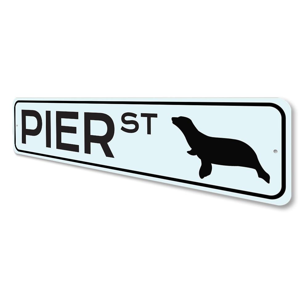 Customizable Pier Street Sign made of high-quality aluminum, featuring pre-drilled holes for easy mounting, perfect for home decor.