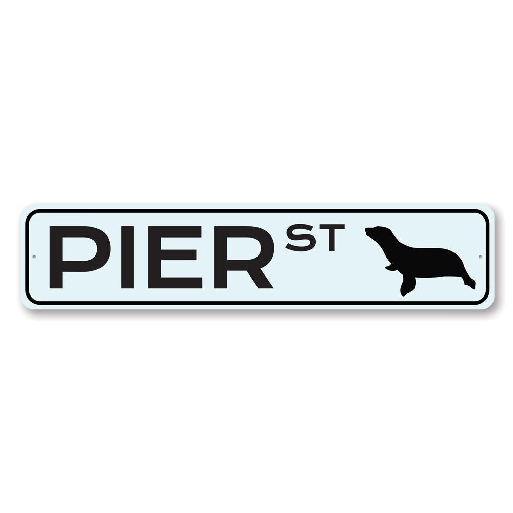 Customizable Pier Street Sign made of high-quality aluminum, featuring pre-drilled holes for easy mounting, perfect for home decor.