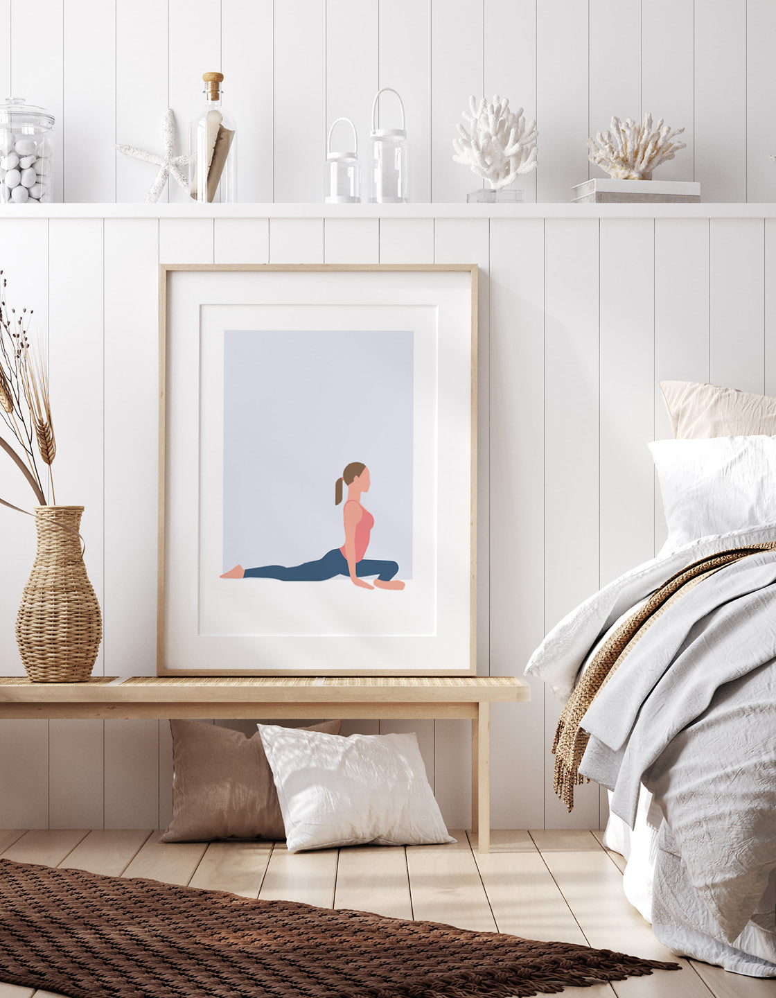 Minimalist Pigeon Pose yoga print showcasing calming design and bold lines.