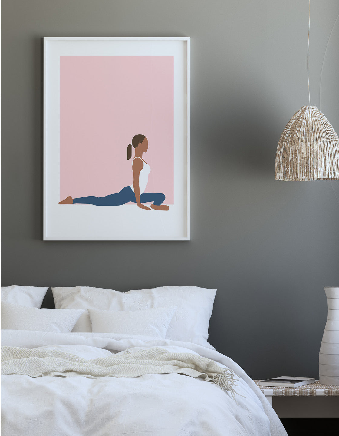 Minimalist Pigeon Pose yoga print showcasing calming design and bold lines.