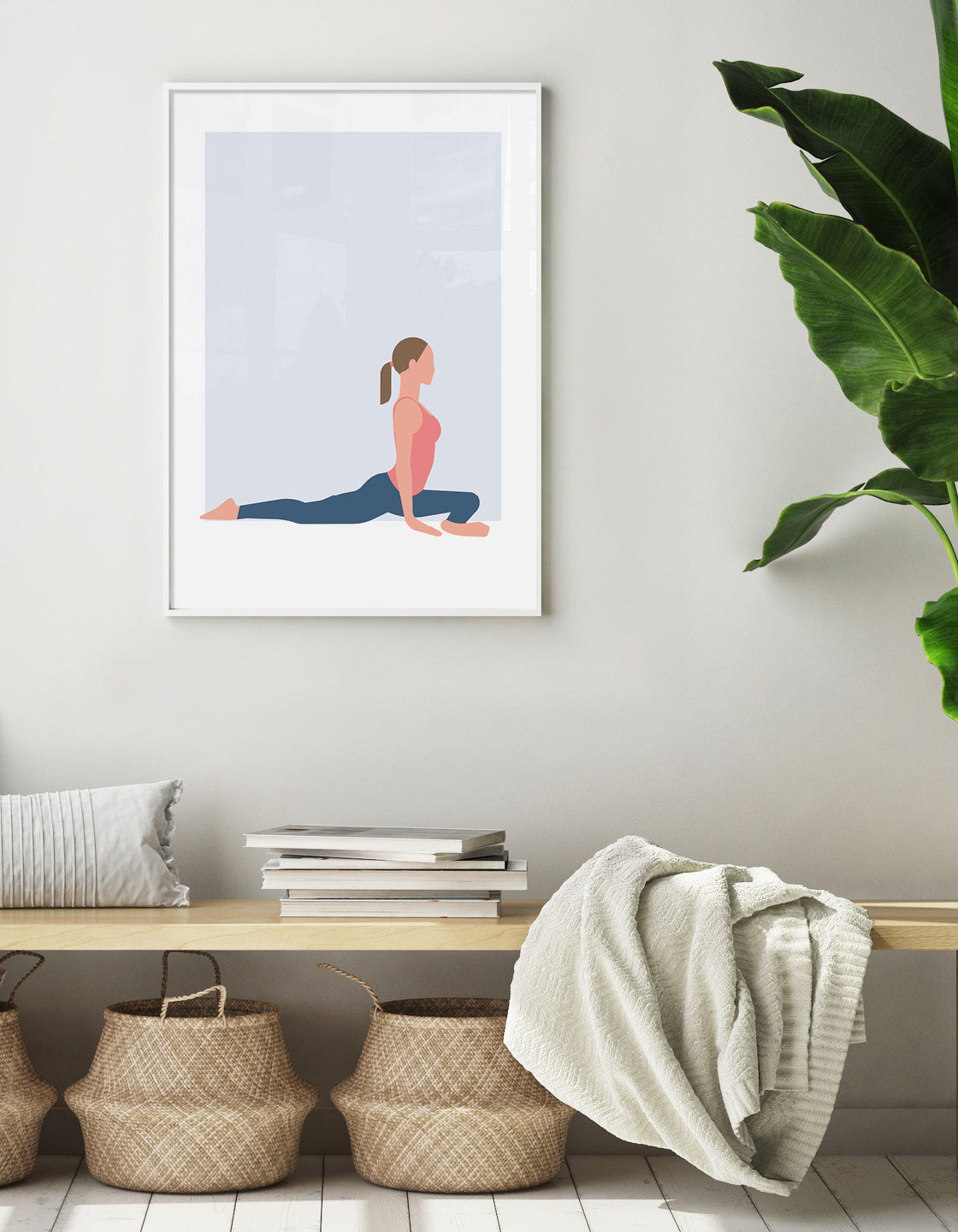 Minimalist Pigeon Pose yoga print showcasing calming design and bold lines.