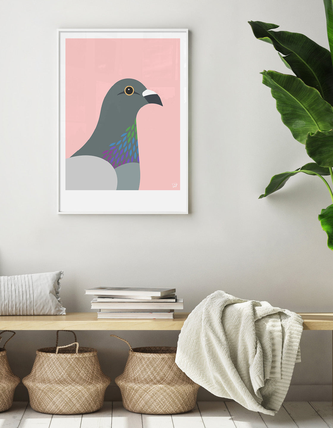 A colorful pigeon showcasing its majestic iridescent chest feathers in a natural setting.