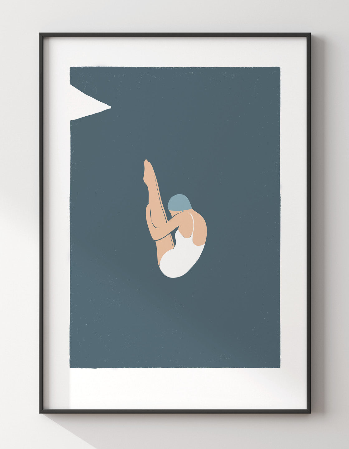 Art deco style print of a diver in action, showcasing vintage design and minimal colors, perfect for home decor.