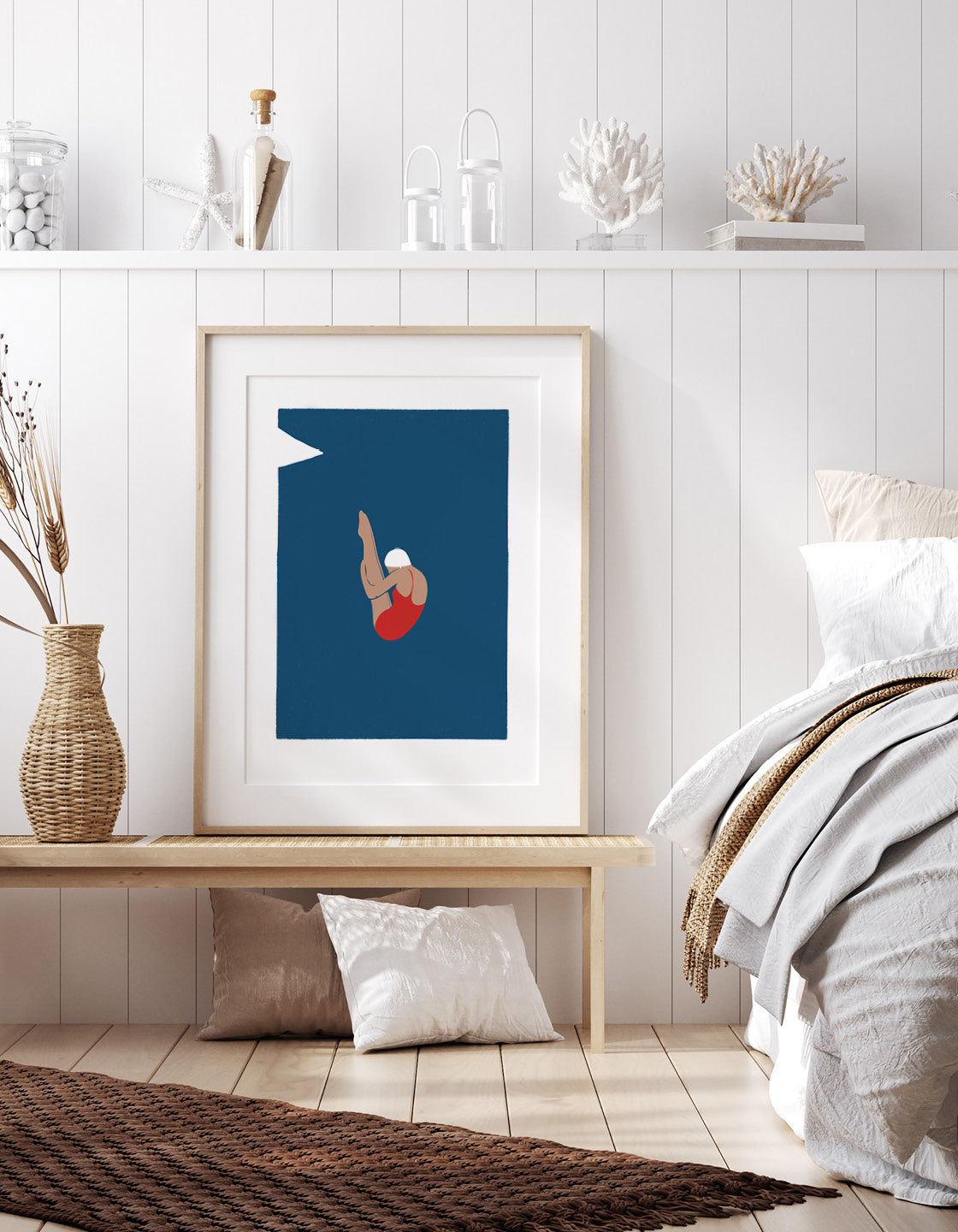 Art deco style print of a diver in action, showcasing vintage design and minimal colors, perfect for home decor.