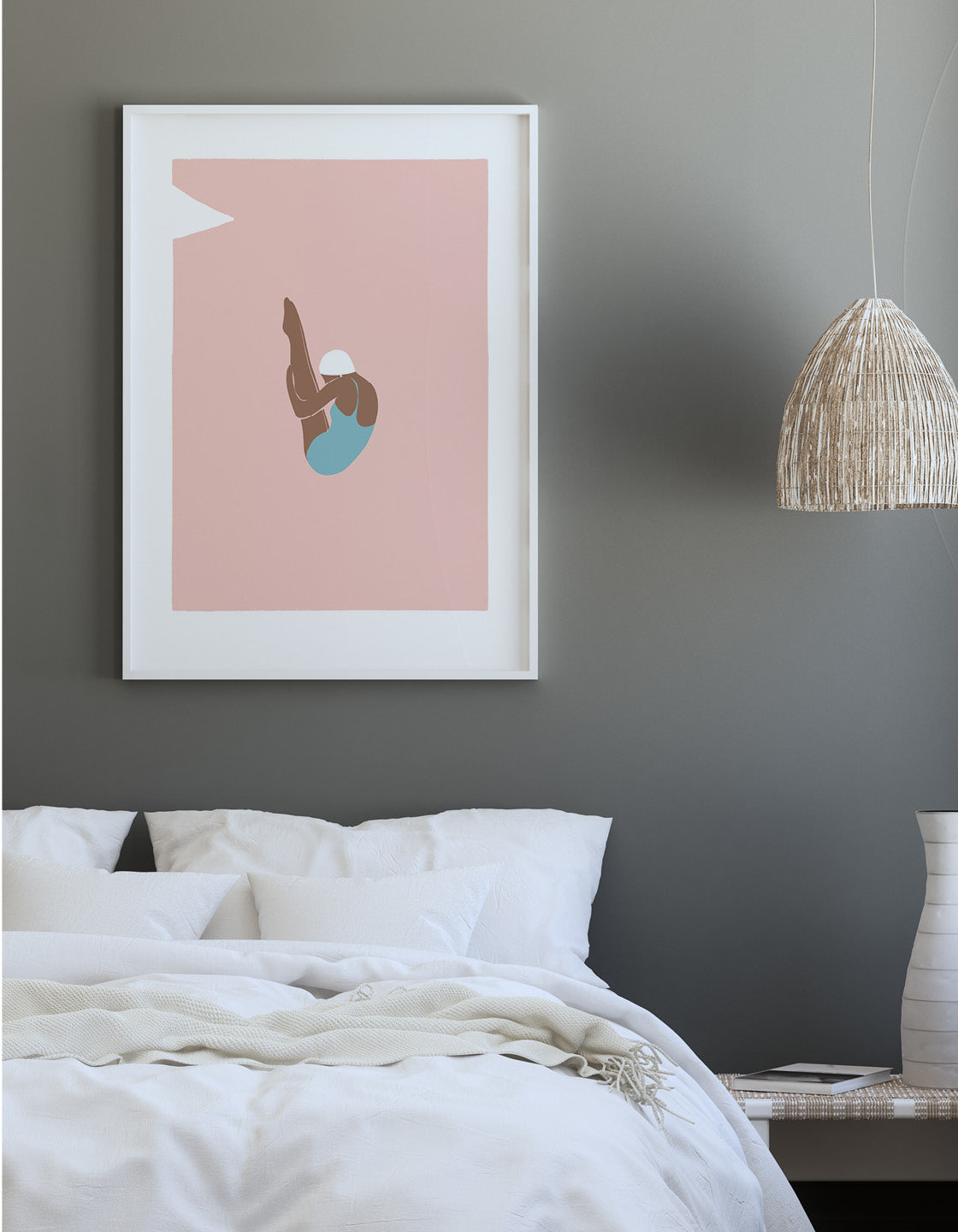 Art deco style print of a diver in action, showcasing vintage design and minimal colors, perfect for home decor.